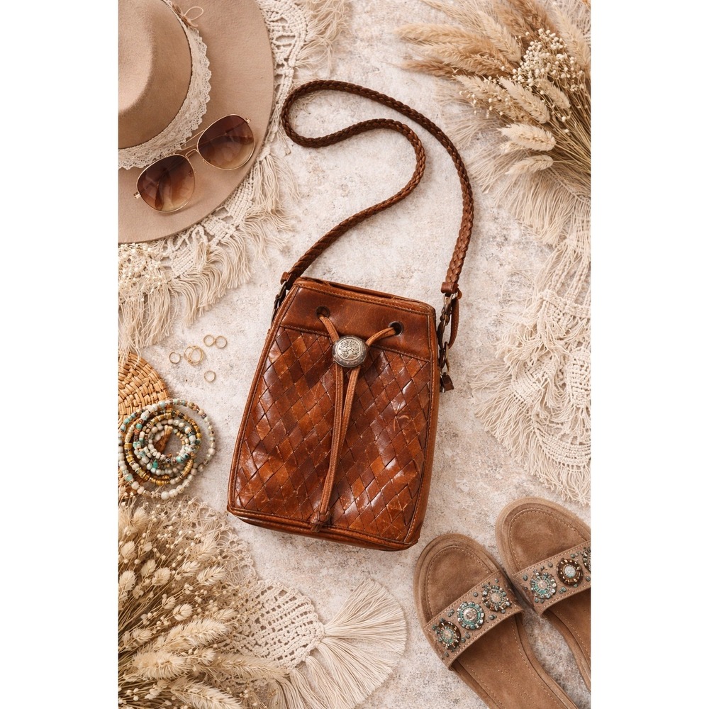 RARE Brighton Woven Leather Bucket Bag Brown Drawstring Crossbody Boho Y2K